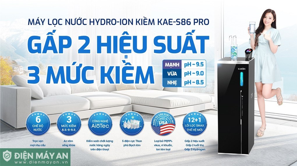 Máy lọc nước RO nóng nguội lạnh Hydro-ion kiềm Karofi KAE-S86 PRO 13 lõi